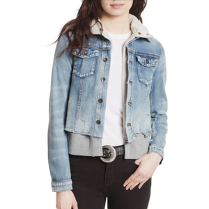 FREE PEOPLE Double Weave Denim Jacket, Distressed Denim & Grey Hoodie, Small
